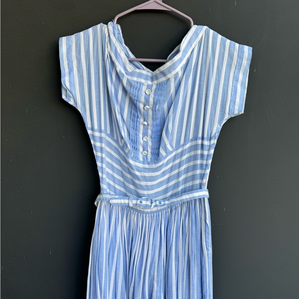 Vintage Light Blue & White Striped Summer Dress